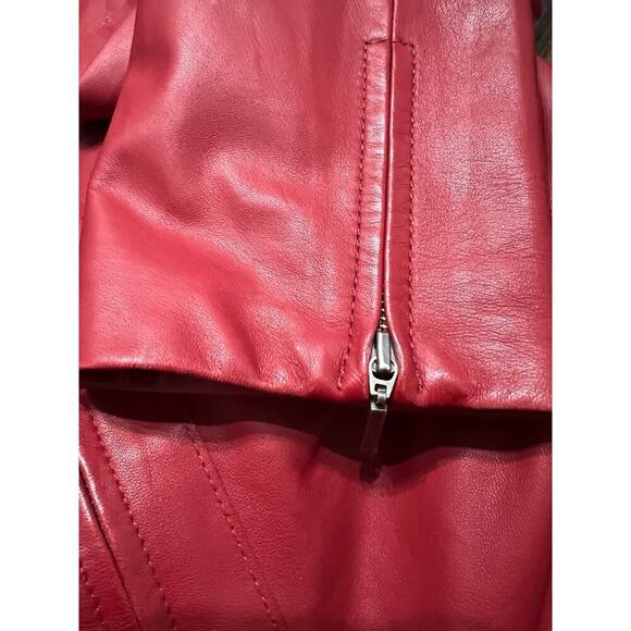 Lafayette 148 Leather Jacket Sz 4 Red Genuine Ruched Full Zip Y2K Small - Picture 7 of 8